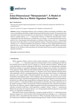 Metamaterials”: a Model of Inﬂation Due to a Metric Signature Transition