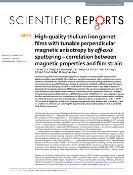 High-Quality Thulium Iron Garnet Films with Tunable Perpendicular Magnetic Anisotropy by Off-Axis Sputtering