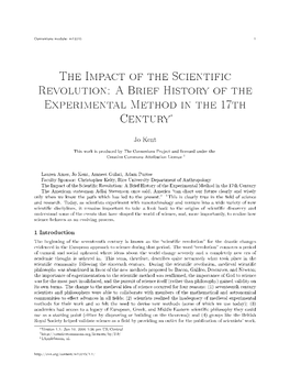 The Impact of the Scientific Revolution: a Brief History of the Experimental Method in the 17Th Century∗