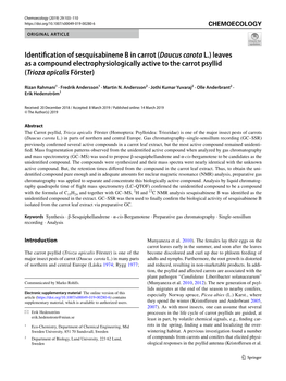 Identification of Sesquisabinene B in Carrot (Daucus Carota L.) Leaves As a Compound Electrophysiologically Active to the Carrot Psyllid (Trioza Apicalis Förster)