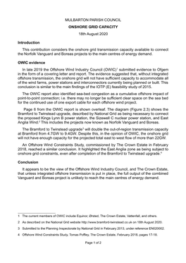 MULBARTON PARISH COUNCIL ONSHORE GRID CAPACITY 18Th August 2020 Introduction This Contribution Considers the Onshore Grid Transm