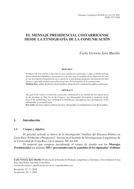 El Mensaje Presidencial Costarricense Desde La Etnografía De La Comunicación