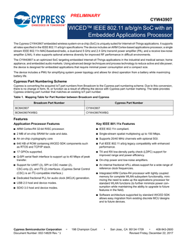 CYW43907 WICED™ IEEE 802.11 A/B/G/N Soc with an Embedded Applications Processor