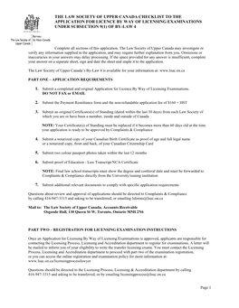 The Law Society of Upper Canada Checklist to the Application for Licence by Way of Licensing Examinations Under Subsection 9(1) of By-Law 4