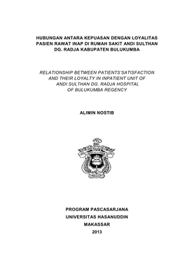 Hubungan Antara Kepuasan Dengan Loyalitas Pasien Rawat Inap Di Rumah Sakit Andi Sulthan Dg