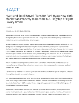 Hyatt and Extell Unveil Plans for Park Hyatt New York; Manhattan Property to Become U.S