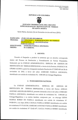 República De Colombia Juzgado Primero Civil Del