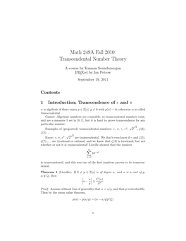 Math 249A Fall 2010: Transcendental Number Theory