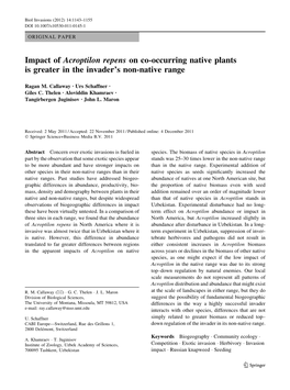 Impact of Acroptilon Repens on Co-Occurring Native Plants Is Greater in the Invader’S Non-Native Range