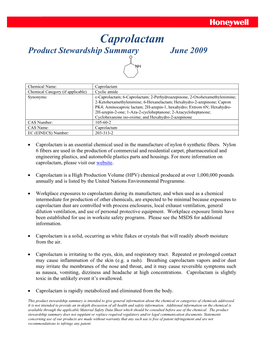 Caprolactam Product Stewardship Summary June 2009