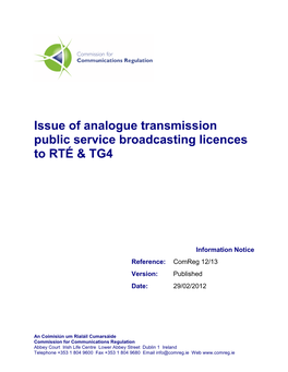 Issue of Analogue Transmission Public Service Broadcasting Licences to RTÉ & TG4