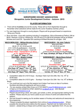 SHROPSHIRE HOCKEY ASSOCIATION Shropshire Junior Development Centres – Autumn 2015