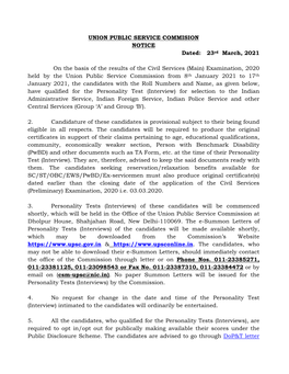 UNION PUBLIC SERVICE COMMISION NOTICE Dated: 23Rd March, 2021