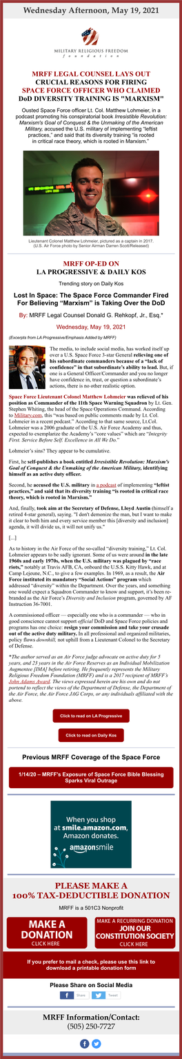 MRFF Legal Counsel Lays out Crucial Reasons for Firing Space Force Officer Who Claimed Dod Diversity Training Is “Marxism” 5/19/21, 3:30 PM