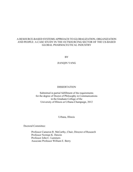 A Resource-Based Systems Approach to Globalization, Organization and People: a Case Study in the Outsourcing Sector of the Us-Based Global Pharmaceutical Industry