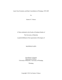 Land, Class Formation, and State Consolidation in Winnipeg, 1870-1885