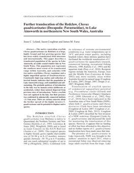 Further Translocation of the Redclaw, Cherax Quadricarinatus (Decapoda: Parastacidae), to Lake Ainsworth in Northeastern New South Wales, Australia