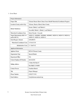 1 1. Cover Sheet Project Information Project Title Tehama Shasta Glenn Colusa Forest Health Watershed Coordinator Program Locati