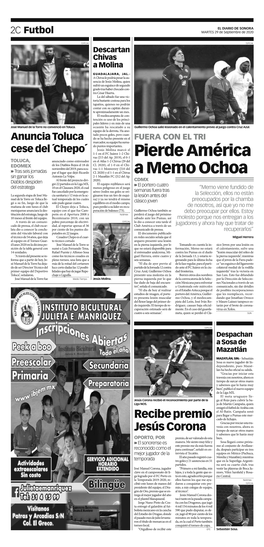 Pierde América a Memo Ochoa