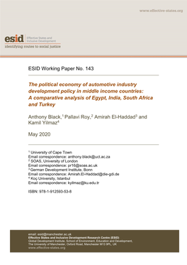 ESID Working Paper No. 143 the Political Economy of Automotive