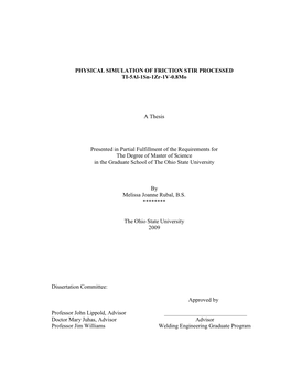 PHYSICAL SIMULATION of FRICTION STIR PROCESSED TI-5Al-1Sn-1Zr-1V-0.8Mo