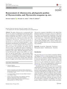 Reassessment of Allantonectria, Phylogenetic Position of Thyronectroidea,Andthyronectria Caraganae Sp