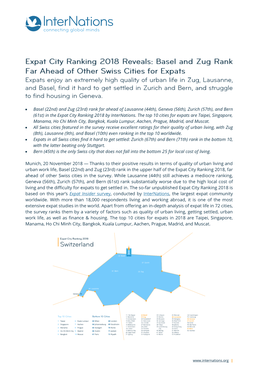 • Basel (22Nd) and Zug (23Rd) Rank Far Ahead of Lausanne (44Th), Geneva (56Th), Zurich (57Th), and Bern (61St) in the Expat City Ranking 2018 by Internations