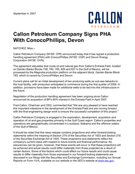 Callon Petroleum Company Signs PHA with Conocophillips, Devon