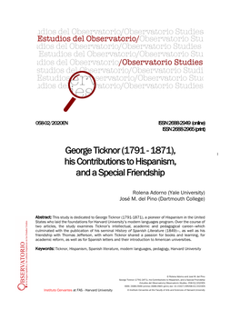 George Ticknor (1791 - 1871), 1 His Contributions to Hispanism, and a Special Friendship