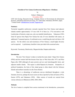 1 Checklist of New Guinea Earthworms (Oligochaeta : Clitellata) by Robert J. Blakemore November, 2006 COE Soil Ecology Researc