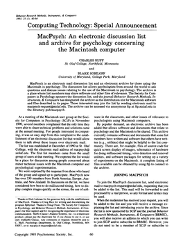 Macpsych: an Electronic Discussion List and Archive for Psychology Concerning the Macintosh Computer