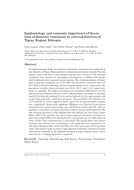 Epidemiology and Economic Importance of Fascio- Losis of Domestic Ruminants in Selected Districts of Tigray Region, Ethiopia