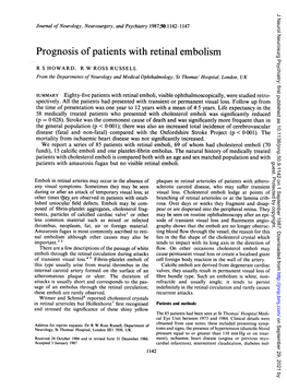 Prognosis of Patients with Retinal Embolism