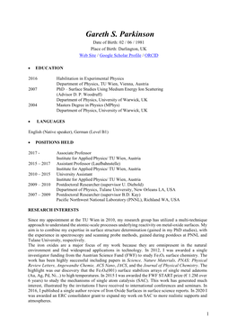 Gareth S. Parkinson Date of Birth: 02 / 06 / 1981 Place of Birth: Darlington, UK Web Site / Google Scholar Profile / ORCID