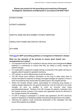 Shared Care Protocol for the Prescribing and Monitoring of Donepezil, Rivastigmine, Galantamine and Memantine in Accordance with NICE TA217