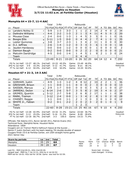 Official Basketball Box Score -- Game Totals -- Final Statistics Memphis Vs Houston 3/7/21 11:02 A.M