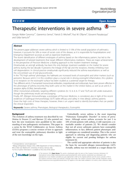Therapeutic Interventions in Severe Asthma Giorgio Walter Canonica1*, Gianenrico Senna2, Patrick D