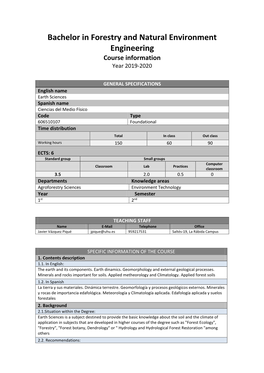 Bachelor in Forestry and Natural Environment Engineering Course Information Year 2019-2020