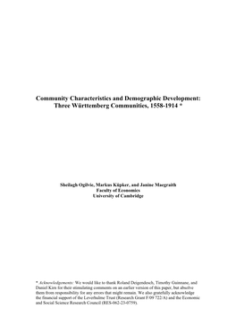 Three Württemberg Communities, 1558-1914 *