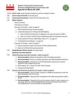 District of Columbia Government Advisory Neighborhood Commission 6A Agenda for March 08, 2007