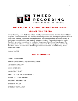 Student, Faculty, and Staff Handbook 2020-2021