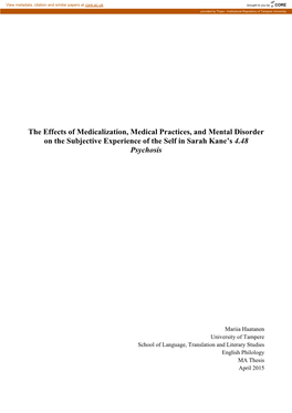 The Effects of Medicalization, Medical Practices, and Mental Disorder on the Subjective Experience of the Self in Sarah Kane's