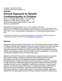 Clinical Approach to Genetic Cardiomyopathy in Children Marcy L