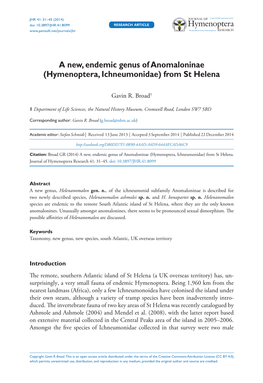 A New, Endemic Genus of Anomaloninae (Hymenoptera, Ichneumonidae) from St Helena