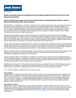 Battery Ventures Enters Into Agreement to Purchase Alogent Product Line from Jack Henry & Associates