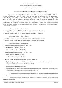 UCHWAŁA NR XXVIII/185/10 RADY GMINY BARGŁÓW KOŚCIELNY Z Dnia 10 Listopada 2010 R. W Sprawie Zmiany Budżetu Gminy Ba