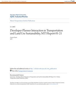 Developer-Planner Interaction in Transportation and Land Use Sustainability, MTI Report 01-21 Aseem Inam MTI