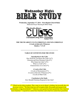 Wednesday, September 17, 2014 – First Baptist Church Buda Midweek Prayer Meeting & Bible Study