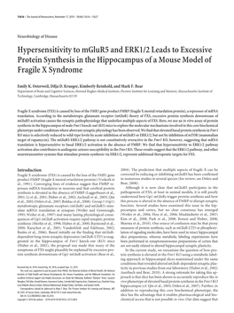 Hypersensitivity to Mglur5 and ERK1/2 Leads to Excessive Protein Synthesis in the Hippocampus of a Mouse Model of Fragile X Syndrome