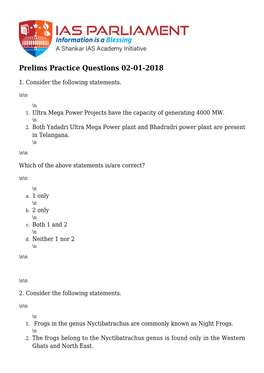 Prelims Practice Questions 02-01-2018
